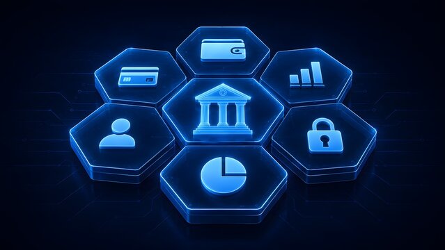 Glowing digital banking ecosystem with hexagonal icons of financial services, visualizing fintech security, online payments, and data analytics technology.