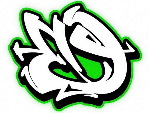 Wildstyle graffiti letter O in white color with black outline, bright green glow. Creative street art typography design shows abstract urban lettering. Illustration of funky alphabet character for