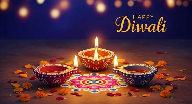 Beautiful glowing oil lamps with colorful rangoli design for the traditional indian festival of lights diwali celebration