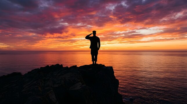 Sunset Over Mountain Range with Silhouette of Traveler