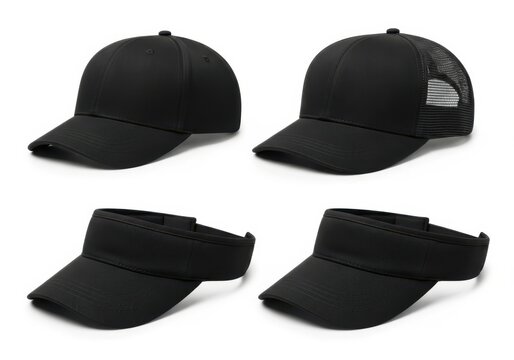 Four black baseball caps and visors on white background