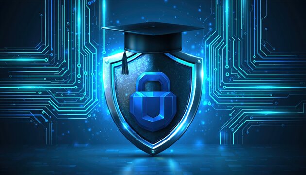 Cybersecurity protection for digital education with shield and padlock technology