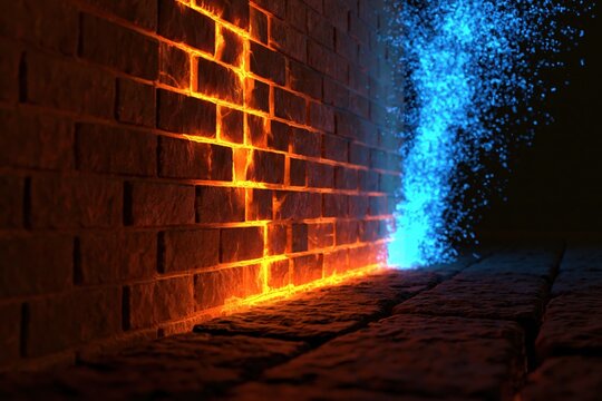 Abstract brick wall with glowing fire and frozen ice energy in thermal contrast