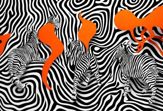 Abstract black and white zebra print pattern with vibrant orange accents