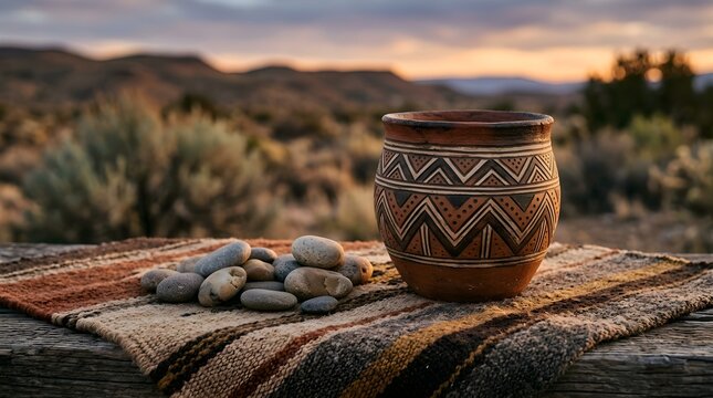 Vintage Ceramic Pot with Geometric Patterns in Rustic Setting