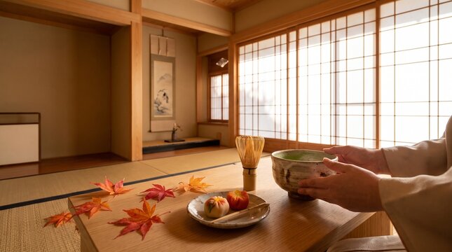Traditional Japanese tea ceremony setting with matcha and sweets in a tatami room.