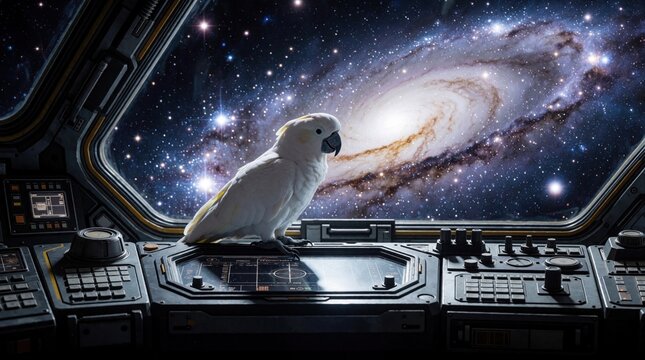 White cockatoo perches on spaceship console overlooking galaxy view. Bird sits inside cockpit, looks out window at stars and nebulae. Sci fi scene with avian.