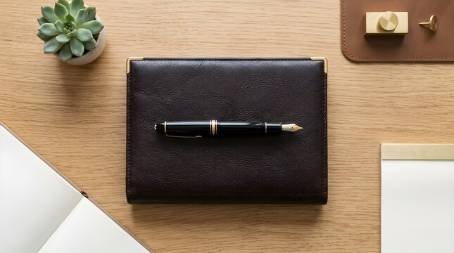 Stylish Black Leather Notebook with Silver Pen on Wooden Desk