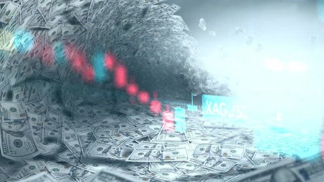 A dynamic timelapse video featuring fast moving stock market candlestick bars blended with dollars shaped like a massive tsunami wave, representing market volatility, cash inflow, and financial power.