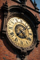 Fototapeta premium Ornate large clock face on brick building wall. Detailed antique mechanism with Roman numerals and golden sunburst pattern. Architectural detail marks time.