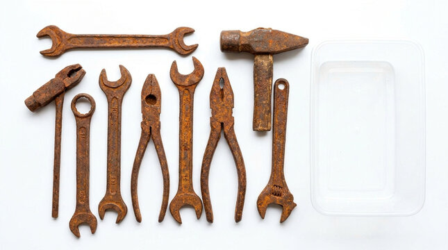 Collection of Rusty Vintage Hand Tools Including Wrenches Pliers and Hammer Isolated on White Background