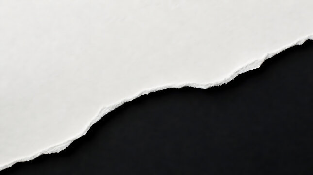 Close up of torn white ripped paper edge revealing black background for modern abstract design and banner concept presentation