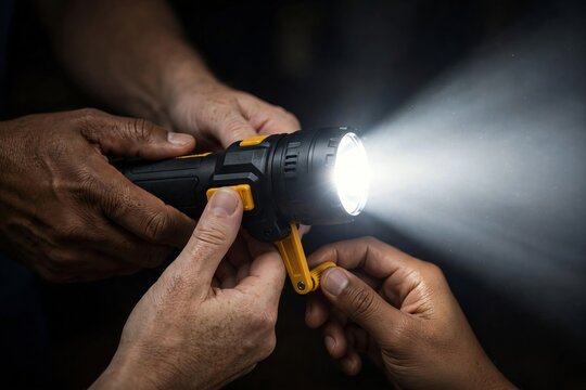 Diverse multiracial hands operating and turning the handle of a bright hand crank dynamo flashlight illuminating in the dark