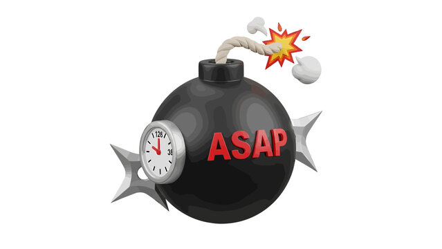 3D illustration of a black bomb with a clock and ASAP text representing urgent deadlines and pressure.