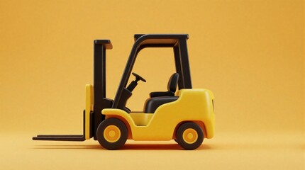 Naklejka premium Yellow 3D forklift icon on solid orange background. Simple stylized industrial truck model for warehouse logistics. Minimalist vehicle design for signage, safety warnings mobile app interface. Small