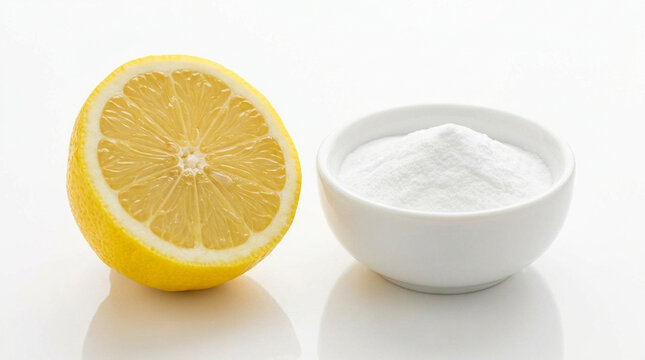 Half Lemon and White Bowl of Baking Soda for Eco-Friendly Household Cleaning and Beauty DIY Isolated on White Background