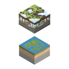 Obraz premium Isometric Cross Section Terrain Blocks Featuring Winter Tundra and Tropical Ocean Island Environments