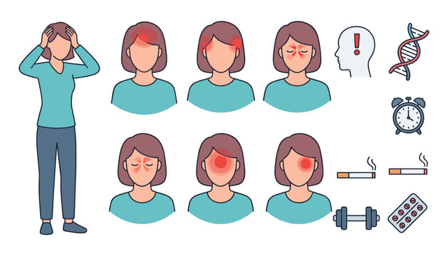 Headache and Migraine Types Symptoms and Triggers Vector Element Set with Tension Cluster Sinus Pain Icons and Healthcare Medical Concepts