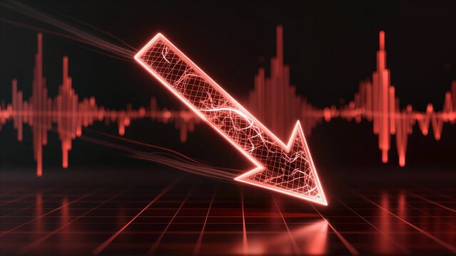 Red glowing arrow points down against stock chart, symbolizing market decline.