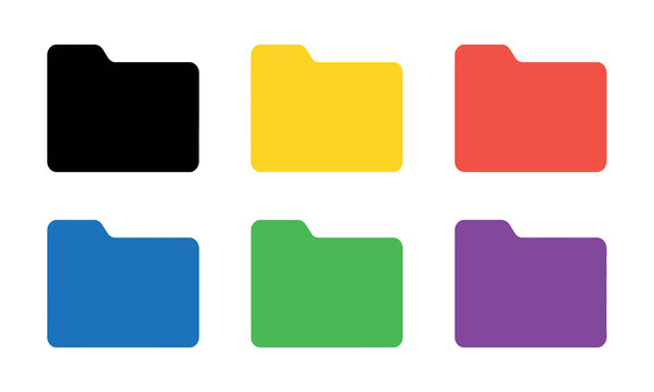Six colorful folder icons are arranged on a white background representing organization and data management folders directory files documents archives