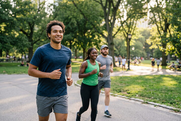 Fototapeta premium Diverse Friends Jogging Together in Sunny Public Park, Healthy Active Lifestyle and Outdoor Fitness Snapshot with Copy Space