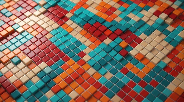 Geometric mosaic pattern composed of colorful three-dimensional square tiles creates an abstract vibrant pixelated texture with depth and shadows.