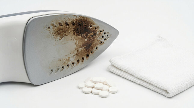 Dirty Burnt Electric Iron Soleplate with Paracetamol Tablets for Cleaning Hack Maintenance