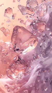Close up of pink crystal formations with water droplets.