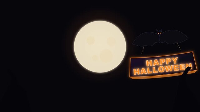 Flying bats holding happy halloween signs over full moons