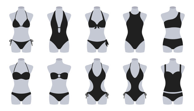 Women Swimwear Silhouette Vector Set Featuring Different Styles of Black Bikinis One Piece Swimsuits and Monokinis on Mannequins Torso Icons