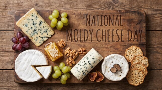 National moldy cheese day flat lay with blue cheese wedge and grapes on wooden board bluecheese delicious delicacy handmade