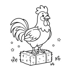 Cute rooster standing on hay bale on farm coloring page, cheerful cockerel concept © Abul