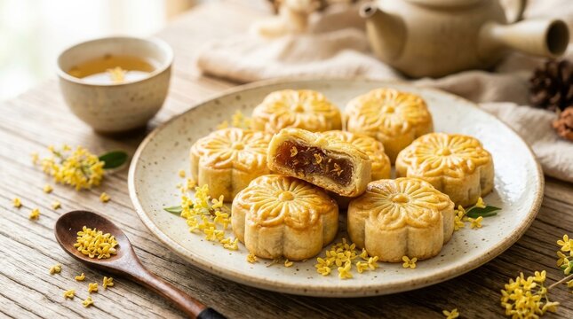 Osmanthus Mooncakes with Tea and Snacks