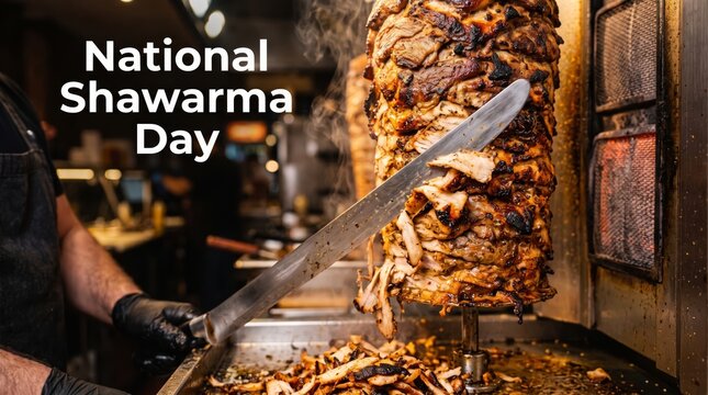 International national shawarma day chef slicing meat from a vertical rotisserie spit with shawarma rotisserie restaurant cucumber