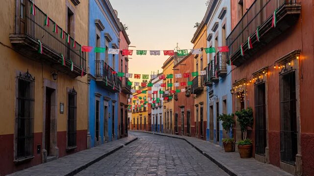 Colorful Mexican Street with Traditional Festive Decorations
