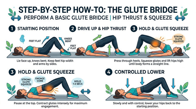 Step by Step Glute Bridge Exercise Guide Infographic for Hip Thrust and Glute Squeeze Workout