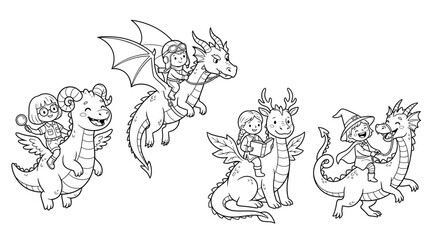 Obraz premium Wholesome children's fantasy illustration featuring fictional young adventurers riding friendly mythical dragons in playful storybook scenes
