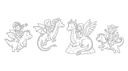 Obraz premium Wholesome children's fantasy illustration featuring fictional young adventurers riding friendly mythical dragons in playful storybook scenes