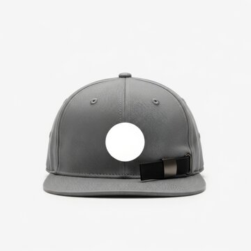 A gray baseball cap with a black adjustable strap in the back