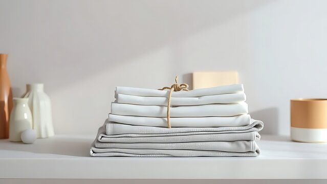 A neat stack of clean white folded towels tied with string on a white shelf with decorative items.