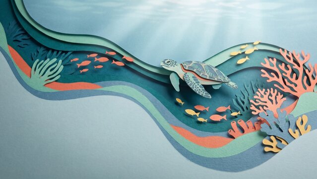 Paper-cut sea turtle swimming through coral reef promotes marine sustainability and ocean conservation in layered craft art style.