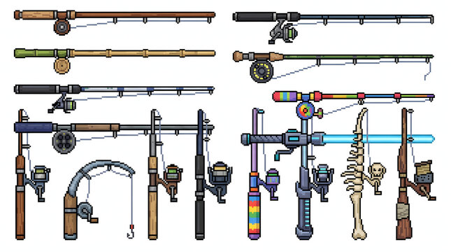 Set of colorful pixel art fishing rods with reels for video game assets and retro designs