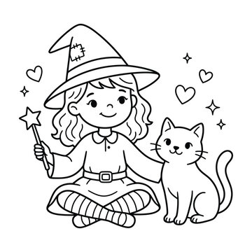 Cute little witch sitting with pet cat and star wand coloring page, magical Halloween concept