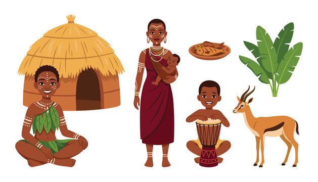 Indigenous African community people collection featuring traditional clothing body paint thatched straw hut djembe drum and wildlife flat vector