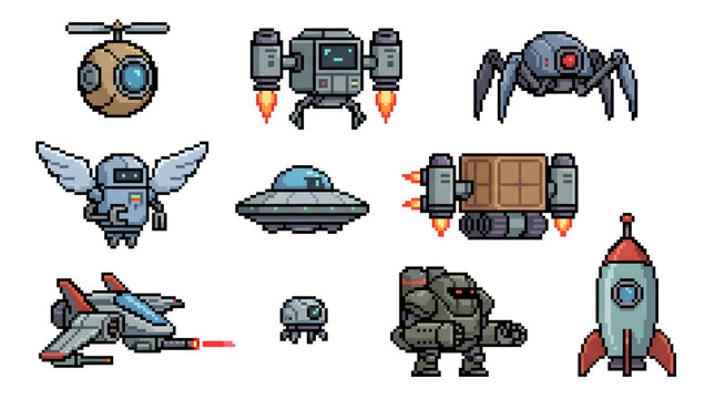 Collection of futuristic pixel art robots, drones, and spacecraft for retro game design