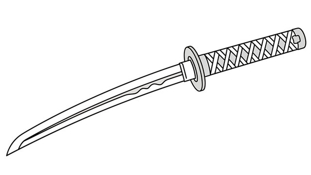 A simple black and white line drawing of a traditional Japanese katana sword.