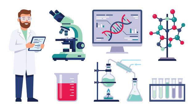 Male scientist in lab coat with microscope computer screen dna helix flask beaker test tubes and molecule structure vector illustration element set
