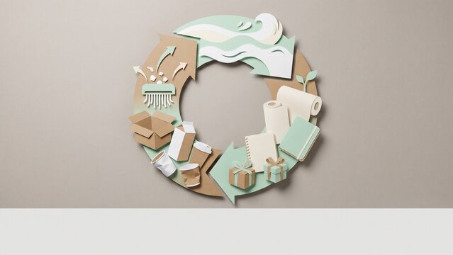 Sustainability and recycling environment concept featuring eco-friendly paper, cardboard boxes, and circular waste management in green.