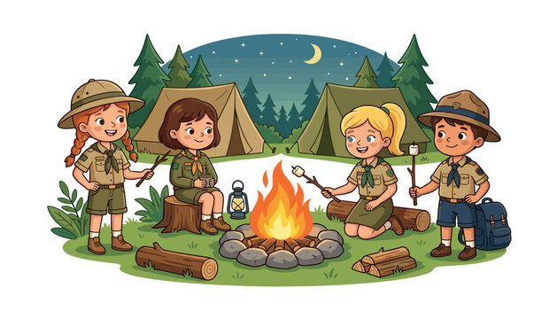 A group of young scouts camping around a campfire . tents, roasting marshmallows, forest, night sky, isolated white background