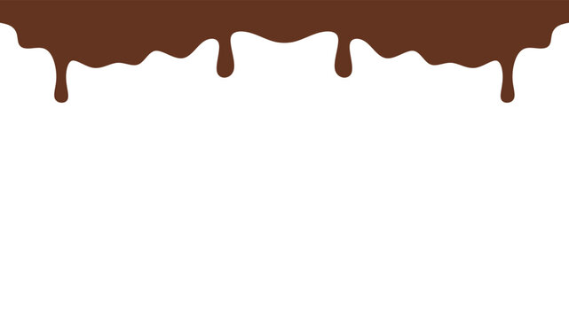 Melted chocolate or syrup drips isolated on a white background. Flowing liquid chocolate border element. A sweet brown syrup or sauce that melts and drips.